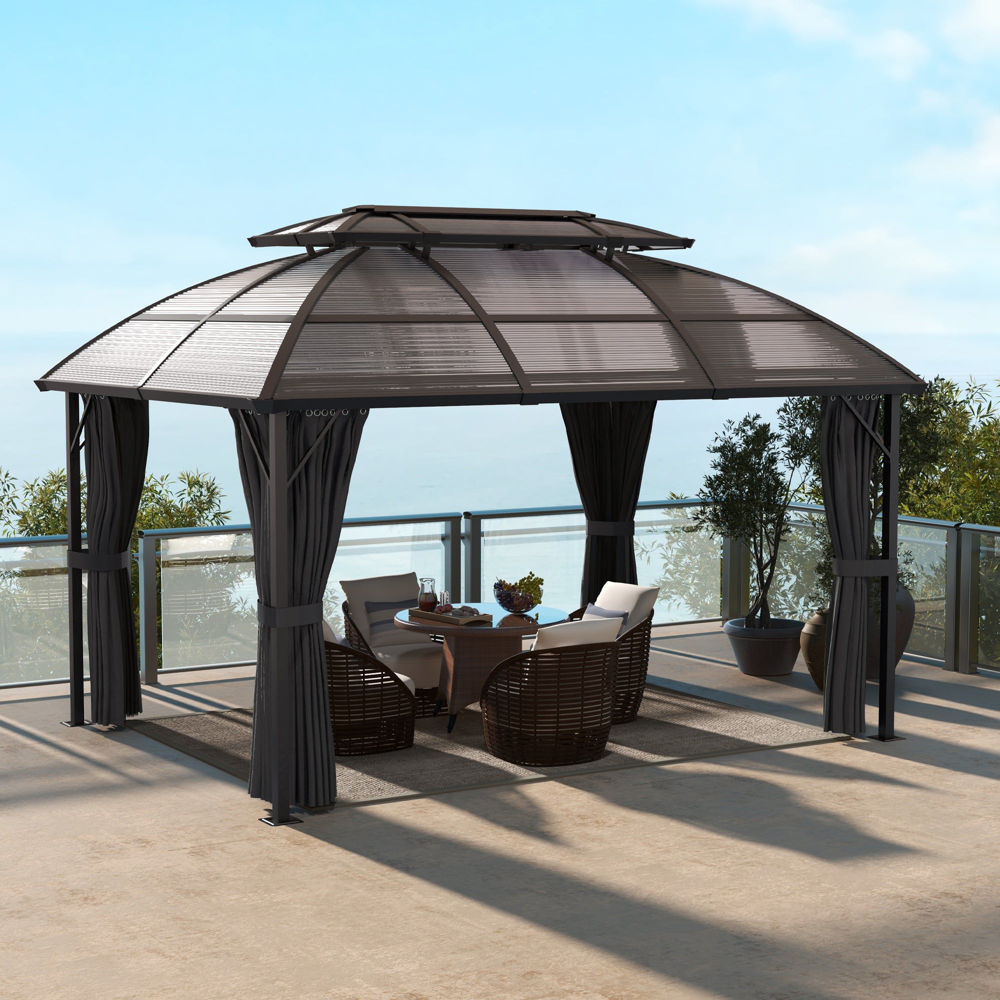 Aluminium Frame 4 x 3(m) Polycarbonate Gazebo with Curtains, Nettings, Double Roof for Lawn, Yard, Patio, Deck, Brown - Gazebo Store