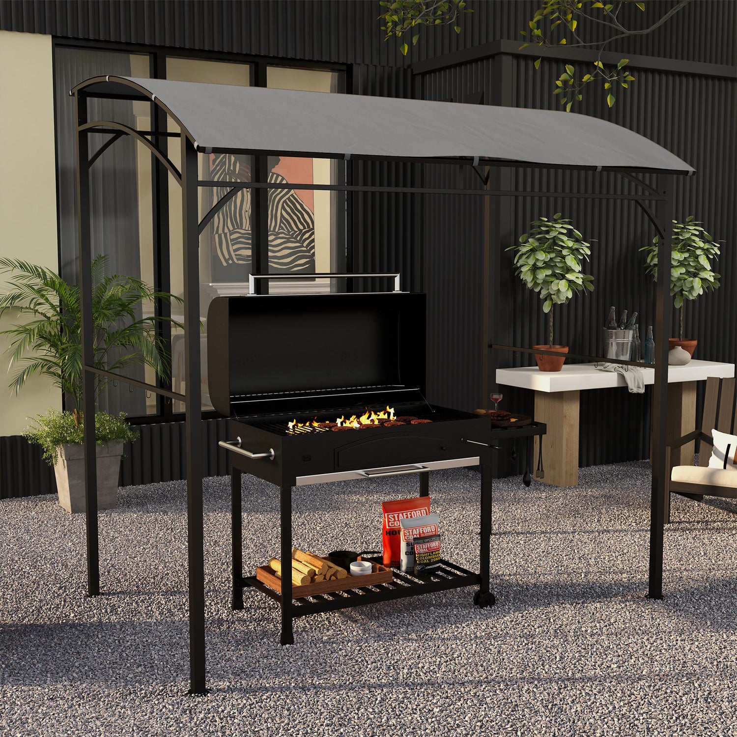 2.2 x 1.5 m BBQ Grill Gazebo Tent, Garden Grill with Metal Frame, Curved Canopy and 10 Hooks, Outdoor Sun Shade, Grey - Gazebo Store