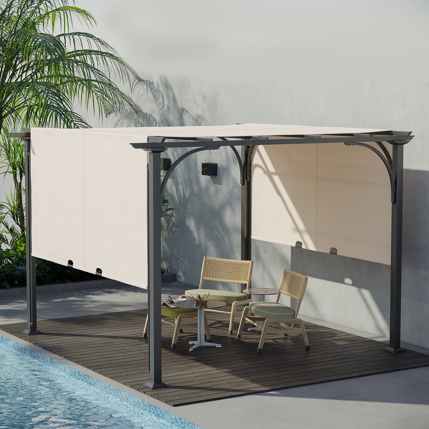 3 x 3(m) Outdoor Retractable Pergola, Garden Pergola Gazebo with Adjustable Canopy, Beige - Gazebo Store