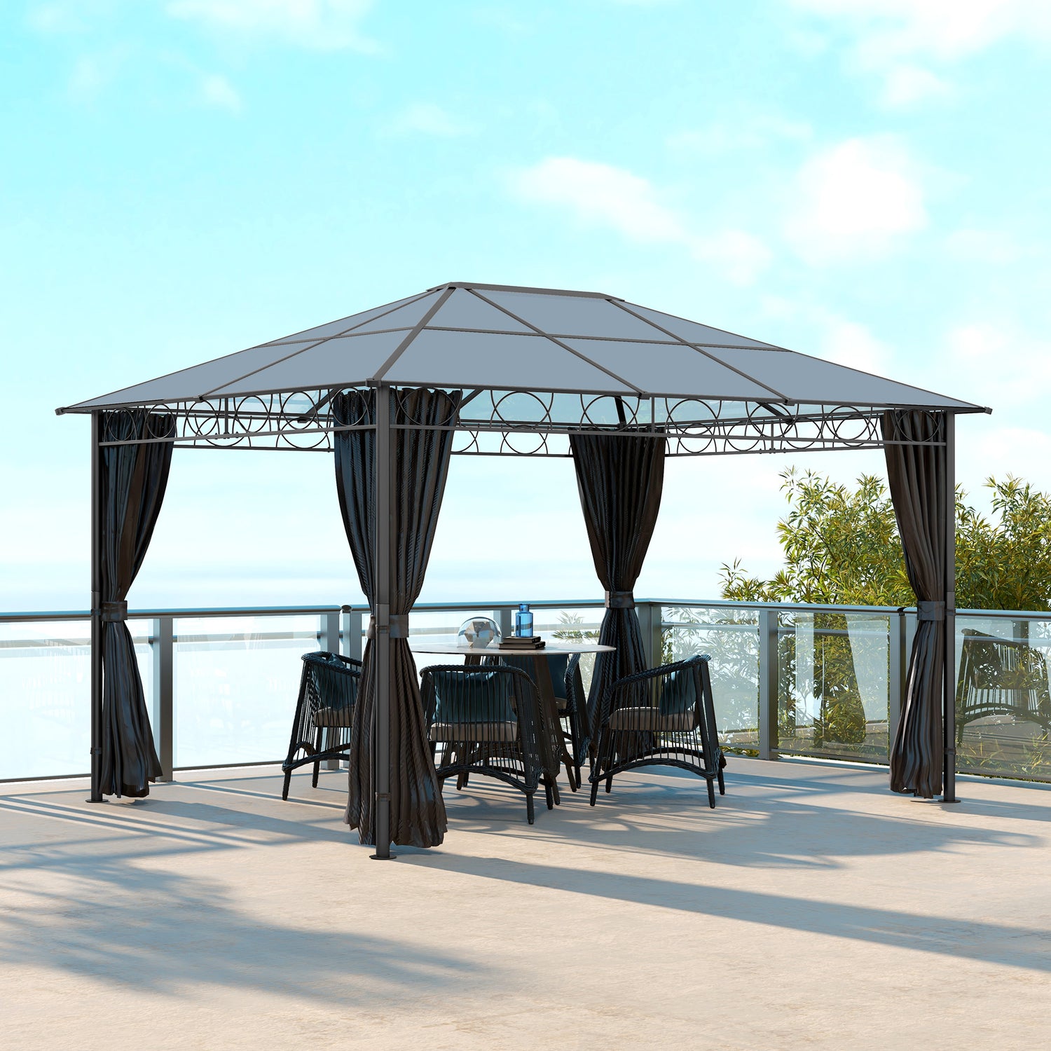 Hardtop Gazebo Garden Pavilion with UV Resistant Polycarbonate Roof, Curtains, Steel & Aluminium Frame, 3 x 4m, Grey - Gazebo Store